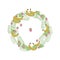 Wreath with yellow banana, pink strawberry with green leaves