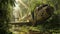 Wreck of crashed airplane in lush jungle, overgrown with vegetation.