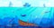 Wreck diving vector illustration, cartoon flat scuba diver characters exploring sea depth with fishes, sunken ship