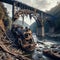 Wreckage of steam train hanging from half-destroyed bridge, locomotive in river under bridge.