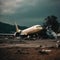 A wrecked airplane sitting on a runway with debris and smoke around it