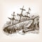 Wrecked ancient sailing ship sketch vector