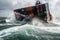 Wrecked cargo ship with conatiners in stormy sea with large waves. Generative AI