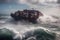 Wrecked cargo ship with conatiners in stormy sea with large waves. Generative AI