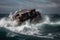 Wrecked cargo ship with conatiners in stormy sea with large waves. Generative AI