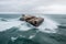 Wrecked cargo ship with conatiners in stormy sea with large waves. Generative AI