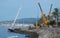 Wrecked sailing ship after heavy storms in mallorca wide view