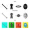 A wrench, a bicyclist bone, a reflector, a timer.Cyclist outfit set collection icons in black, flat, monochrome style