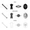 A wrench, a bicyclist bone, a reflector, a timer.Cyclist outfit set collection icons in black,monochrome,outline style
