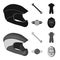 A wrench, a bicyclist bone, a reflector, a timer.Cyclist outfit set collection icons in black,monochrome style vector
