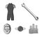 A wrench, a bicyclist`s bone, a reflector, a timer.Cyclist outfit set collection icons in monochrome style vector symbol