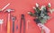 Wrench engineer constructor tools on a denim workers, A red background with engineer constructor tools. Several engineer construct