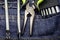 Wrench group of screwdrivers pliers close-up of tools end background industrial repair