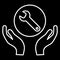Wrench in hands line icon. Technical support. Repair service. Flat simple outline illustration isolated on black.
