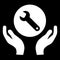 Wrench in hands line icon. Technical support. Repair service. Flat simple solid illustration isolated on black.