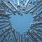 Wrenches, screws and bolts laid out in a heart-shaped composition on a blue background.