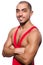 Wrestler in red dress isolated