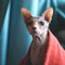 Wrinkled hairless Sphynx cat. Home feline pet under red blanket on blue blurred background. Head shoulders portrait