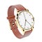 Wrist watch. White dial with golden case and brown leather bracelet