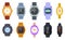 Wristwatch. Female digital smart clock. Isolated woman man elegant watches with fashion bracelets. Flat wrist watch