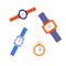 Wristwatch, mechanical watch. A set of watches of different shapes with multi-colored straps