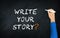 Write Your Story? Handwriting Interesting Question On Chalkboard. Tell us your Story Concept. stories Telling and Personality