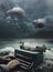 Writer creativity imagination concept, drama mistery writing, vintage typewriter and human hands in front of stormy sea