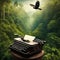 Writer creativity imagination concept typewriter flying over amazon forest natural