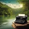 Writer creativity imagination concept typewriter flying over amazon river and forest natural