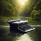 Writer creativity imagination concept typewriter flying over amazon river and forest natural