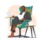 Writer Or Editor Black Character Sitting At Armchair Typing Article On Laptop. Creative Person Writing Or Editing Text