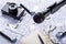 Writer`s desk. The desk of a journalist. Microphone, notebook and glasses