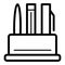 Writing accessories in a container vector icon. Black and white illustration of pens. Outline linear office icon.