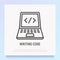 Writing code thin line icon: opened laptop with code. Modern vector illustration