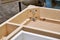 Writing desk building process. Production of wood furniture. Furniture manufacture. Close-up