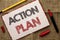 Writing note showing Action Plan. Business photo showcasing Strategy Operational Planning Procedure Activity Goal Objective writt