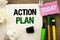 Writing note showing Action Plan. Business photo showcasing Strategy Operational Planning Procedure Activity Goal Objective writt