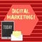 Writing note showing Digital Marketing. Business photo showcasing market products or services using technologies on