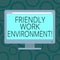 Writing note showing Friendly Work Environment. Business photo showcasing Integrating stronger social dynamics workplace Blank