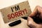 Writing note showing I m Sorry. Business photo showcasing Apologize Conscience Feel Regretful Apologetic Repentant Sorrowful writ