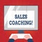 Writing note showing Sales Coaching. Business photo showcasing analysisage their team by analyzing metrics and KPIs of