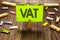 Writing note showing Vat. Business photo showcasing Consumption tax levied on sale barter for properties and services Clips art bo