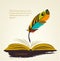 Writing pen multicolored feather with open book