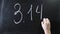 Writing Pi. Writing pi number on the blackboard. The sign is written on a chalk board. Male hand draws in chalk on a