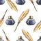 Writing supplies: gold pen, ink in a glass jar. Hand drawn watercolor illustration. Seamless pattern on a white