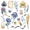 Writing supplies papyrus paper, craft envelope, feather, ink in a glass jar, candles, key with lock, hydrangea and