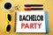Writing text showing Bachelor Party. Business concept for Stag Fun Celebrate written on sticky note with copy space on old wood wo