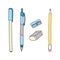 Writing tools. Pencil, pens, eraser and sharpener. Cute hand drawn illustration vector. White background.