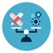 Writing Tools Vs Cog Wheels On Balance Scales Icon Web Button Isolated On Blue Round Background