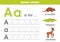 Writing uppercase and lowercase letter A. Cute illustration of armadillo, alligator, antelope.